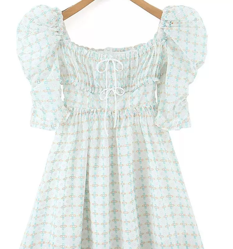 Retro style light blue printed waist cinched A-line dress